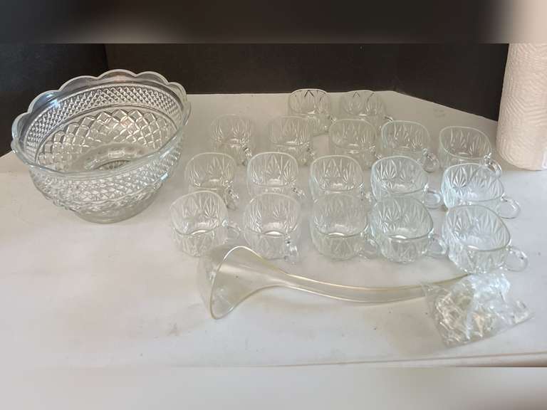Glass Punch Bowl (5.5” x 10”), plastic ladle, cup holders and 17 cups.