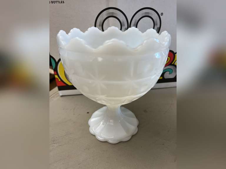 Napco pedestal milk glass dish, footed milk glass and other pieces. See photos.