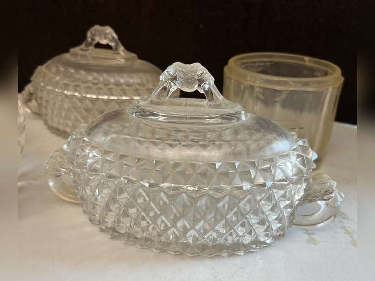 2 Sawtooth Lions Head compote dishes, leaded crystal bowl, salt holder which is cracked and additional clear glass pieces.