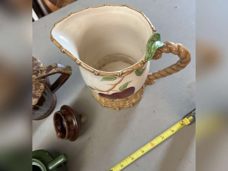 2 Brown Drip glaze tea pots, 1 mini green teapot and 1 decorative pitcher.