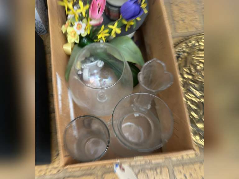 Box of vases and a metal wall medallion