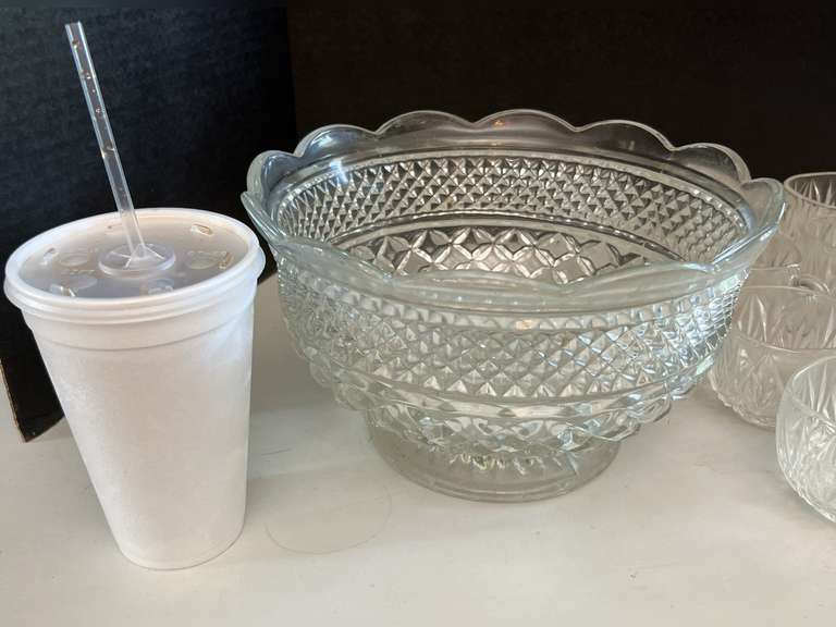 Glass Punch Bowl (5.5” x 10”), plastic ladle, cup holders and 17 cups.