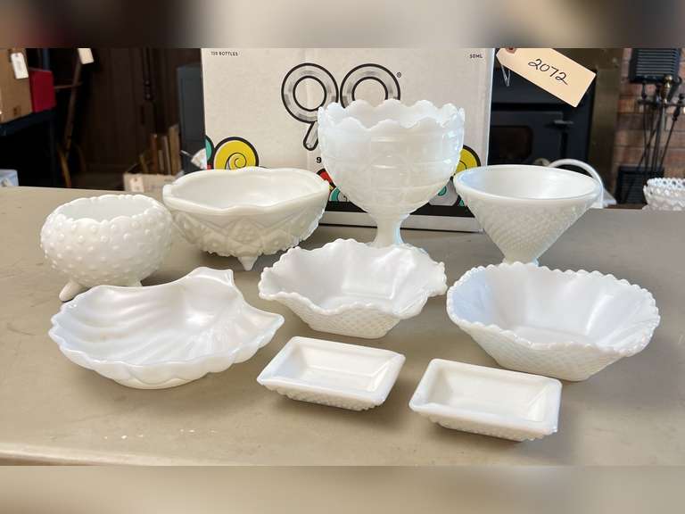 Napco pedestal milk glass dish, footed milk glass and other pieces. See photos.