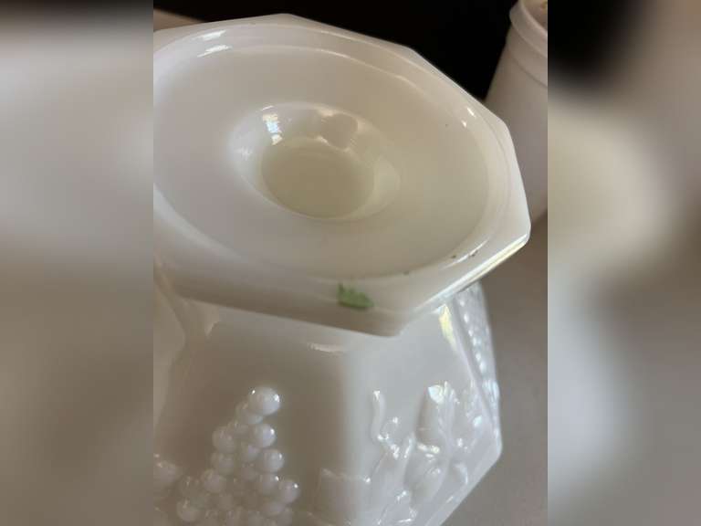 Milk Glass candlestick holders, candy dish with lid and Anchor Hocking Milk Glass bowl.