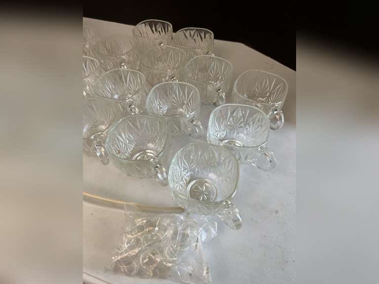 Glass Punch Bowl (5.5” x 10”), plastic ladle, cup holders and 17 cups.
