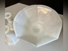 Milk Glass candlestick holders, candy dish with lid and Anchor Hocking Milk Glass bowl.