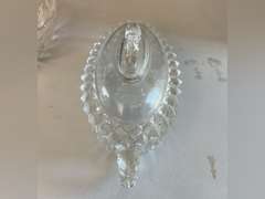 2 Sawtooth Lions Head compote dishes, leaded crystal bowl, salt holder which is cracked and additional clear glass pieces.