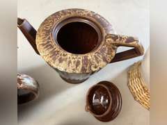 2 Brown Drip glaze tea pots, 1 mini green teapot and 1 decorative pitcher.