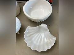 Napco pedestal milk glass dish, footed milk glass and other pieces. See photos.