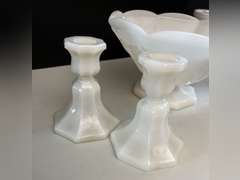 Milk Glass candlestick holders, candy dish with lid and Anchor Hocking Milk Glass bowl.