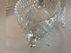 2 Sawtooth Lions Head compote dishes, leaded crystal bowl, salt holder which is cracked and additional clear glass pieces.