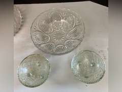 2 Sawtooth Lions Head compote dishes, leaded crystal bowl, salt holder which is cracked and additional clear glass pieces.
