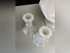 Milk Glass candlestick holders, candy dish with lid and Anchor Hocking Milk Glass bowl.