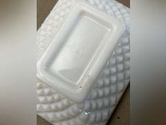 Napco pedestal milk glass dish, footed milk glass and other pieces. See photos.