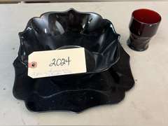 Luminary Noir plate & bowl. Cranberry glass.