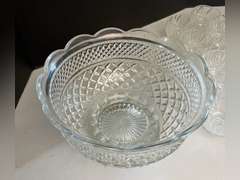 Glass Punch Bowl (5.5” x 10”), plastic ladle, cup holders and 17 cups.