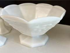Milk Glass candlestick holders, candy dish with lid and Anchor Hocking Milk Glass bowl.