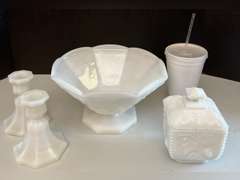Milk Glass candlestick holders, candy dish with lid and Anchor Hocking Milk Glass bowl.