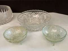 2 Sawtooth Lions Head compote dishes, leaded crystal bowl, salt holder which is cracked and additional clear glass pieces.