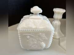 Milk Glass candlestick holders, candy dish with lid and Anchor Hocking Milk Glass bowl.