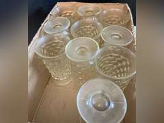 Very heavy glass pitcher with 12 matching stemmed glasses.
