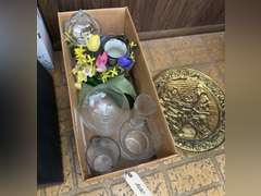 Box of vases and a metal wall medallion
