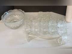 Glass Punch Bowl (5.5” x 10”), plastic ladle, cup holders and 17 cups.
