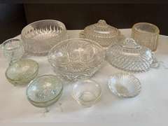 2 Sawtooth Lions Head compote dishes, leaded crystal bowl, salt holder which is cracked and additional clear glass pieces.