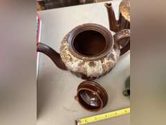 2 Brown Drip glaze tea pots, 1 mini green teapot and 1 decorative pitcher.
