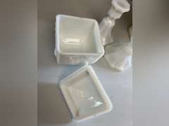 Milk Glass candlestick holders, candy dish with lid and Anchor Hocking Milk Glass bowl.