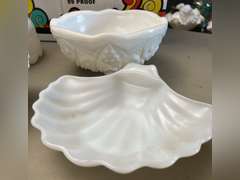 Napco pedestal milk glass dish, footed milk glass and other pieces. See photos.