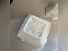 Milk Glass candlestick holders, candy dish with lid and Anchor Hocking Milk Glass bowl.