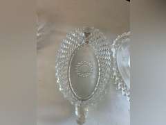 2 Sawtooth Lions Head compote dishes, leaded crystal bowl, salt holder which is cracked and additional clear glass pieces.