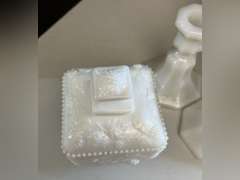 Milk Glass candlestick holders, candy dish with lid and Anchor Hocking Milk Glass bowl.