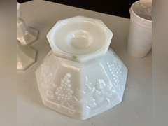 Milk Glass candlestick holders, candy dish with lid and Anchor Hocking Milk Glass bowl.