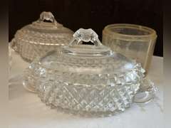 2 Sawtooth Lions Head compote dishes, leaded crystal bowl, salt holder which is cracked and additional clear glass pieces.