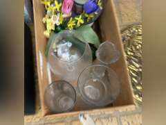 Box of vases and a metal wall medallion