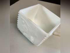 Milk Glass candlestick holders, candy dish with lid and Anchor Hocking Milk Glass bowl.