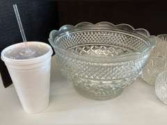 Glass Punch Bowl (5.5” x 10”), plastic ladle, cup holders and 17 cups.