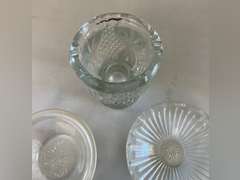 2 Sawtooth Lions Head compote dishes, leaded crystal bowl, salt holder which is cracked and additional clear glass pieces.