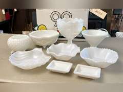 Napco pedestal milk glass dish, footed milk glass and other pieces. See photos.