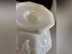 Milk Glass candlestick holders, candy dish with lid and Anchor Hocking Milk Glass bowl.