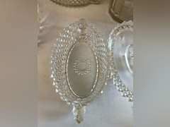 2 Sawtooth Lions Head compote dishes, leaded crystal bowl, salt holder which is cracked and additional clear glass pieces.