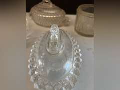 2 Sawtooth Lions Head compote dishes, leaded crystal bowl, salt holder which is cracked and additional clear glass pieces.