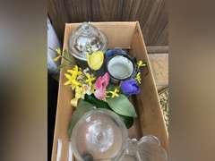 Box of vases and a metal wall medallion