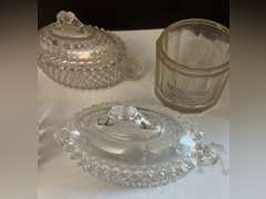 2 Sawtooth Lions Head compote dishes, leaded crystal bowl, salt holder which is cracked and additional clear glass pieces.