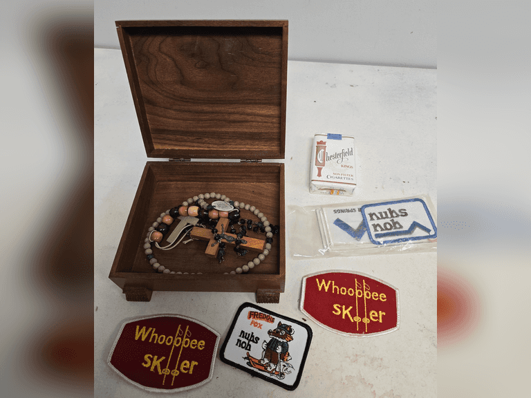 Wood box with jewelry, patches - Northern Kentucky Auction, LLC