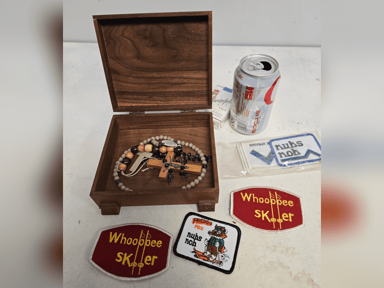 Wood box with jewelry, patches - Northern Kentucky Auction, LLC