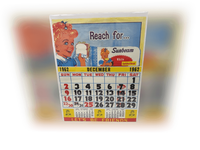 Sunbeam bread December 1962 calendar page approx 19" x 25"