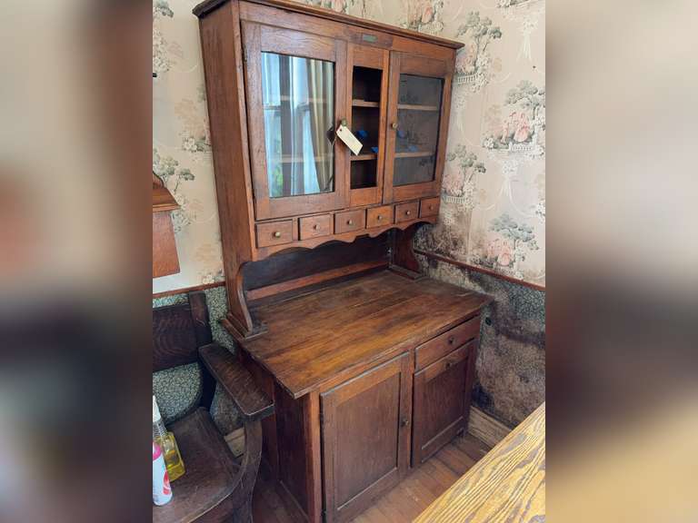 Antique oak step-back kitchen cupboard, farmhouse style, circa 1900.